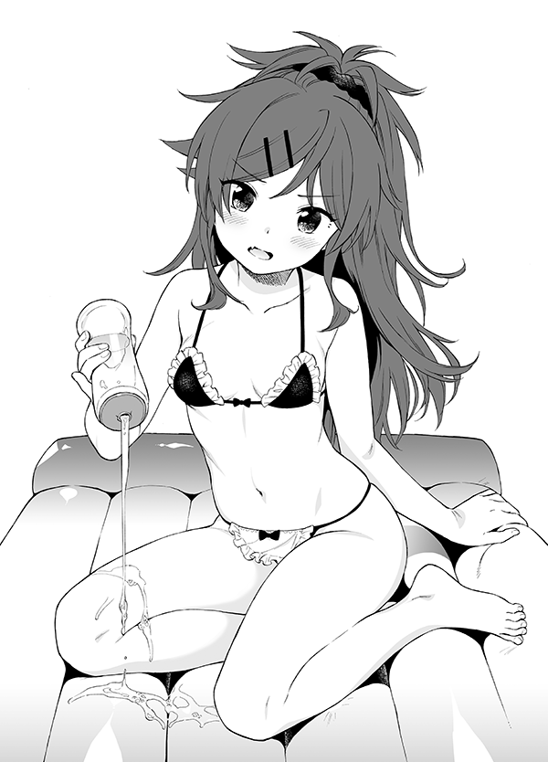 1girl bare_arms bare_shoulders barefoot bikini blush breasts chigusa_asuha collarbone commentary_request fang frilled_bikini frills greyscale hair_ornament hair_scrunchie hairclip head_tilt holding inflatable_raft long_hair looking_at_viewer lotion_bottle maid_bikini monochrome navel open_mouth ponytail qualidea_code scrunchie sekiya_asami sitting small_breasts solo stomach swimsuit thighs v-shaped_eyebrows yokozuwari
