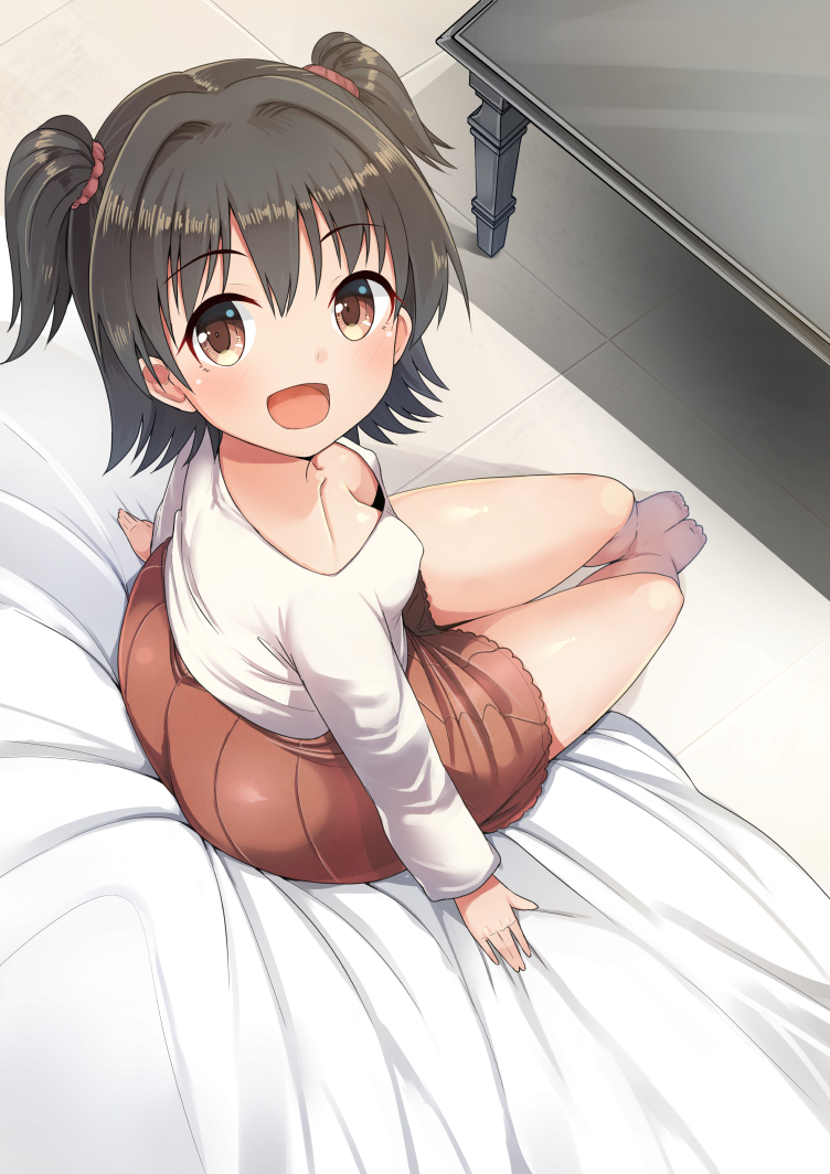 1girl akagi_miria barefoot bed_sheet black_hair breasts brown_eyes collarbone commentary_request gaichi idolmaster idolmaster_cinderella_girls long_sleeves looking_at_viewer medium_breasts miniskirt open_mouth shirt short_hair sitting skirt solo table two_side_up white_shirt