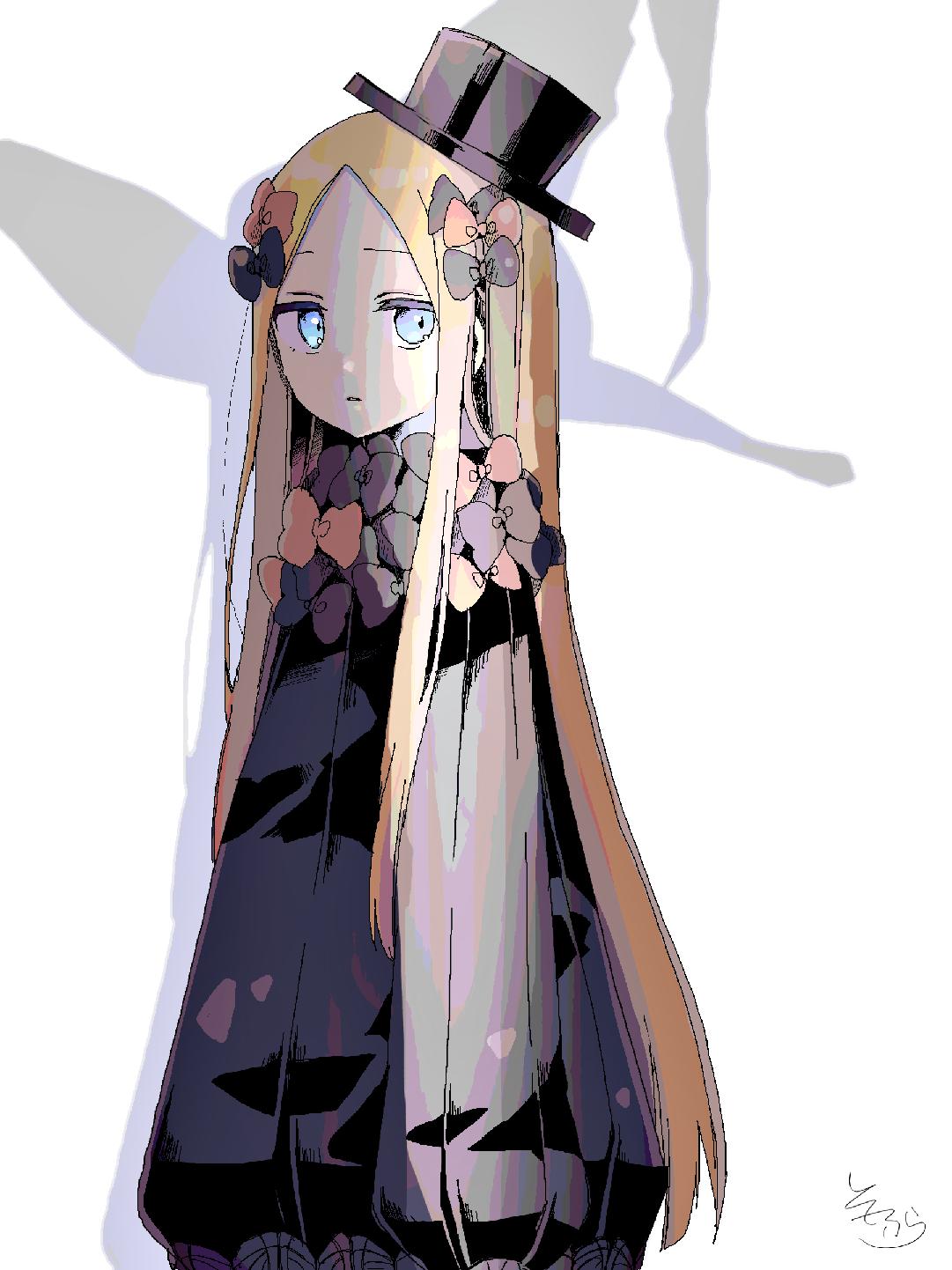 1girl abigail_williams_(fate/grand_order) arms_at_sides bangs black_bow black_dress black_headwear blonde_hair blue_eyes bow bug butterfly dress fate/grand_order fate_(series) hair_bow hat highres insect long_hair long_sleeves looking_at_viewer orange_bow parted_bangs parted_lips polka_dot polka_dot_bow shadow signature simple_background sleeves_past_fingers sleeves_past_wrists sofra solo very_long_hair white_background