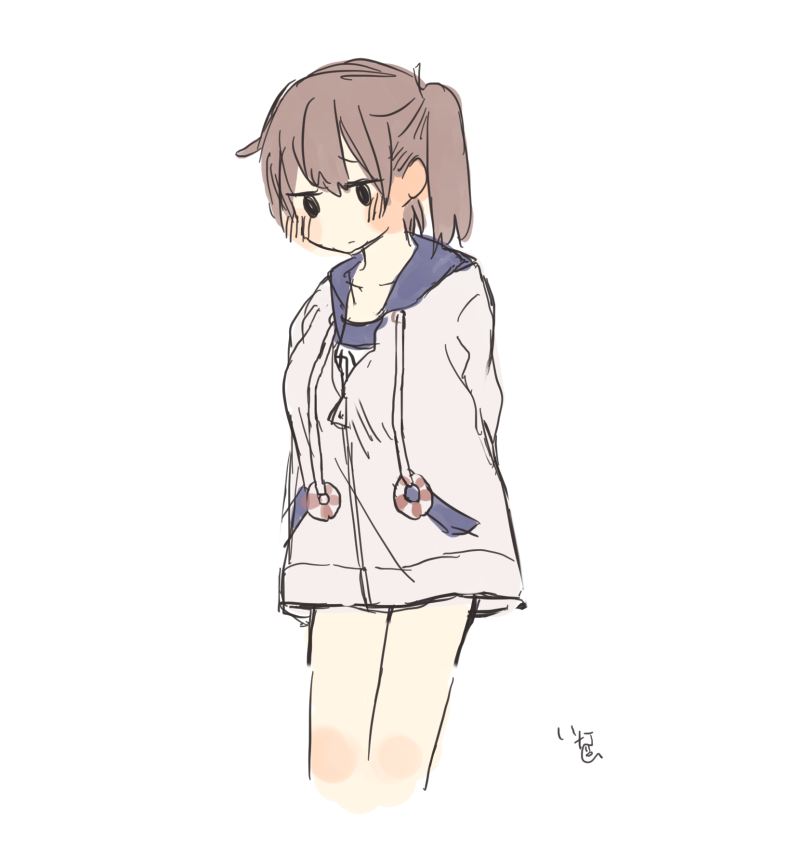 1girl alternate_costume arms_behind_back blush brown_hair cosplay ina_(1813576) jacket kaga_(kantai_collection) kantai_collection ponytail side_ponytail simple_background solo standing swimsuit white_background white_jacket yukikaze_(kantai_collection)