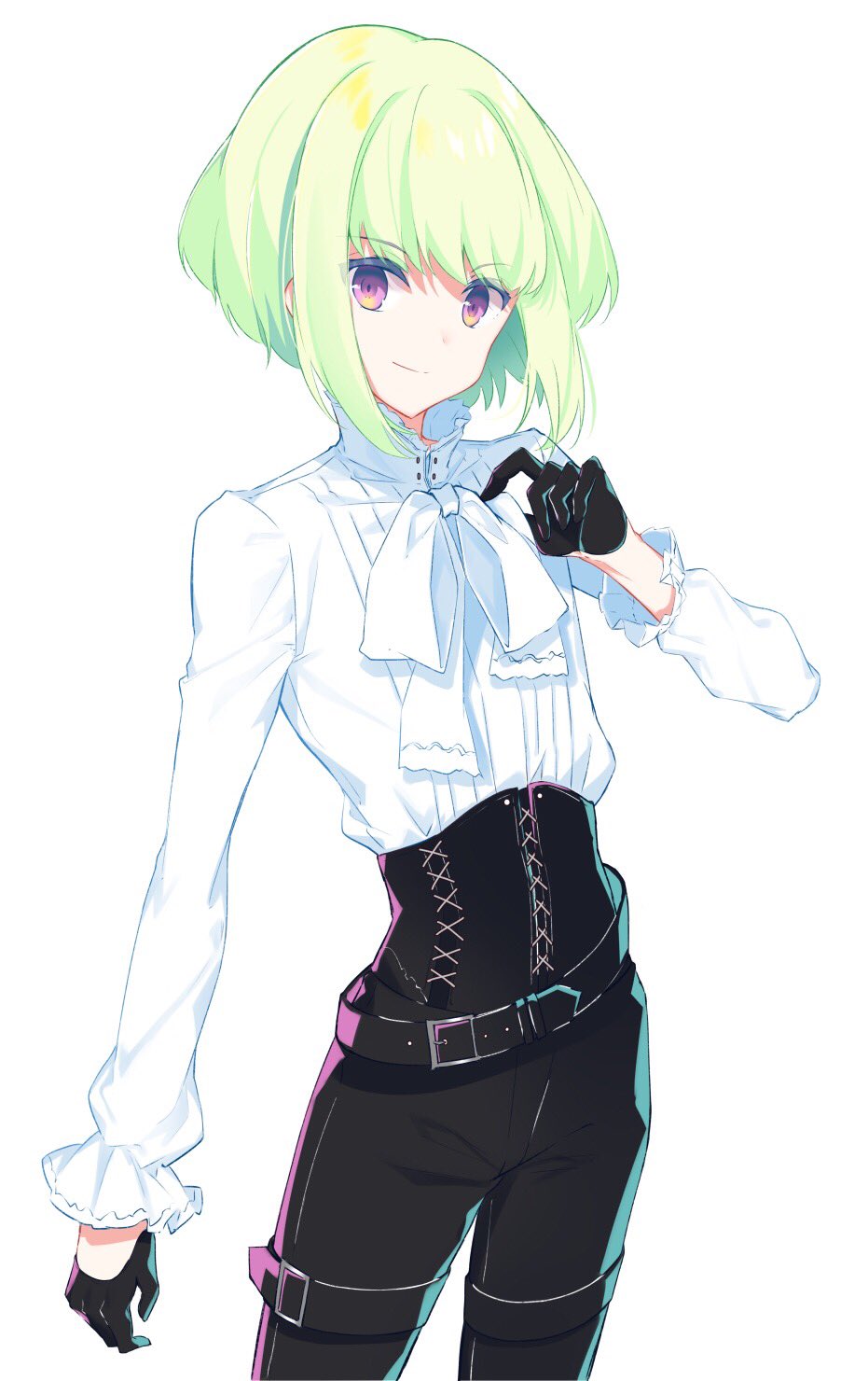 alternate_costume belt black_gloves black_pants corset dress_shirt frilled_sleeves frills gloves green_hair half_gloves highres kisaragi_yuri lio_fotia long_sleeves looking_at_viewer male_focus multiple_belts pants promare ribbon shirt smile violet_eyes