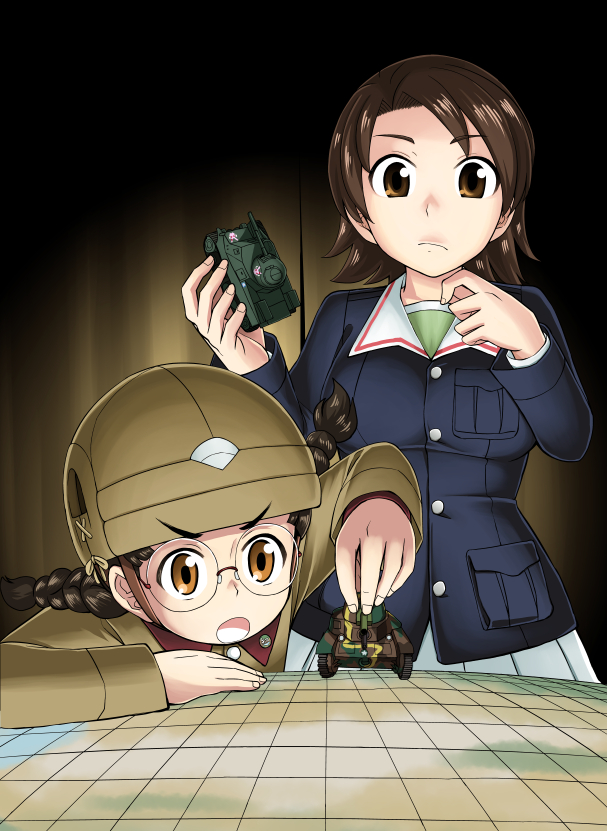 2girls bangs black_hair blue_jacket braid brown_eyes brown_hair brown_headwear brown_jacket chi-hatan_military_uniform closed_mouth elbow_rest eyebrows_visible_through_hat frown fukuda_(girls_und_panzer) girls_und_panzer glasses green_shirt ground_vehicle helmet holding insignia jacket long_hair long_sleeves looking_at_viewer m3_lee map military military_uniform military_vehicle model_tank motor_vehicle multiple_girls ooarai_military_uniform open_mouth parted_bangs pleated_skirt round_eyewear sawa_azusa shirt short_hair skirt standing sutahiro_(donta) tank twin_braids twintails type_95_ha-gou uniform white_skirt