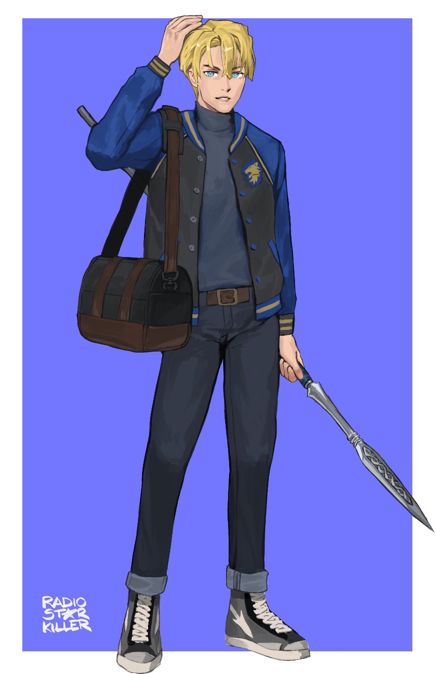 1boy artist_name bag blonde_hair blue_background blue_eyes casual dimitri_alexandre_bladud fire_emblem fire_emblem:_three_houses highres jacket letterman_jacket looking_at_viewer pants pants_rolled_up polearm radiostarkiller shoes short_hair shoulder_bag simple_background smile sneakers solo spear turtleneck weapon