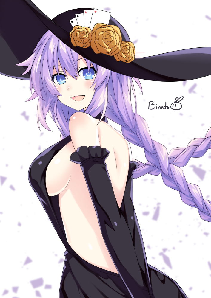 1girl arms_behind_back artist_name bare_back bare_shoulders binato_lulu black_dress black_headwear blue_eyes braid breasts commentary_request dress elbow_gloves eyebrows_visible_through_hair gloves hair_between_eyes hat long_hair looking_at_viewer neptune_(series) no_bra purple_hair purple_heart sideboob smile solo symbol-shaped_pupils twin_braids white_background