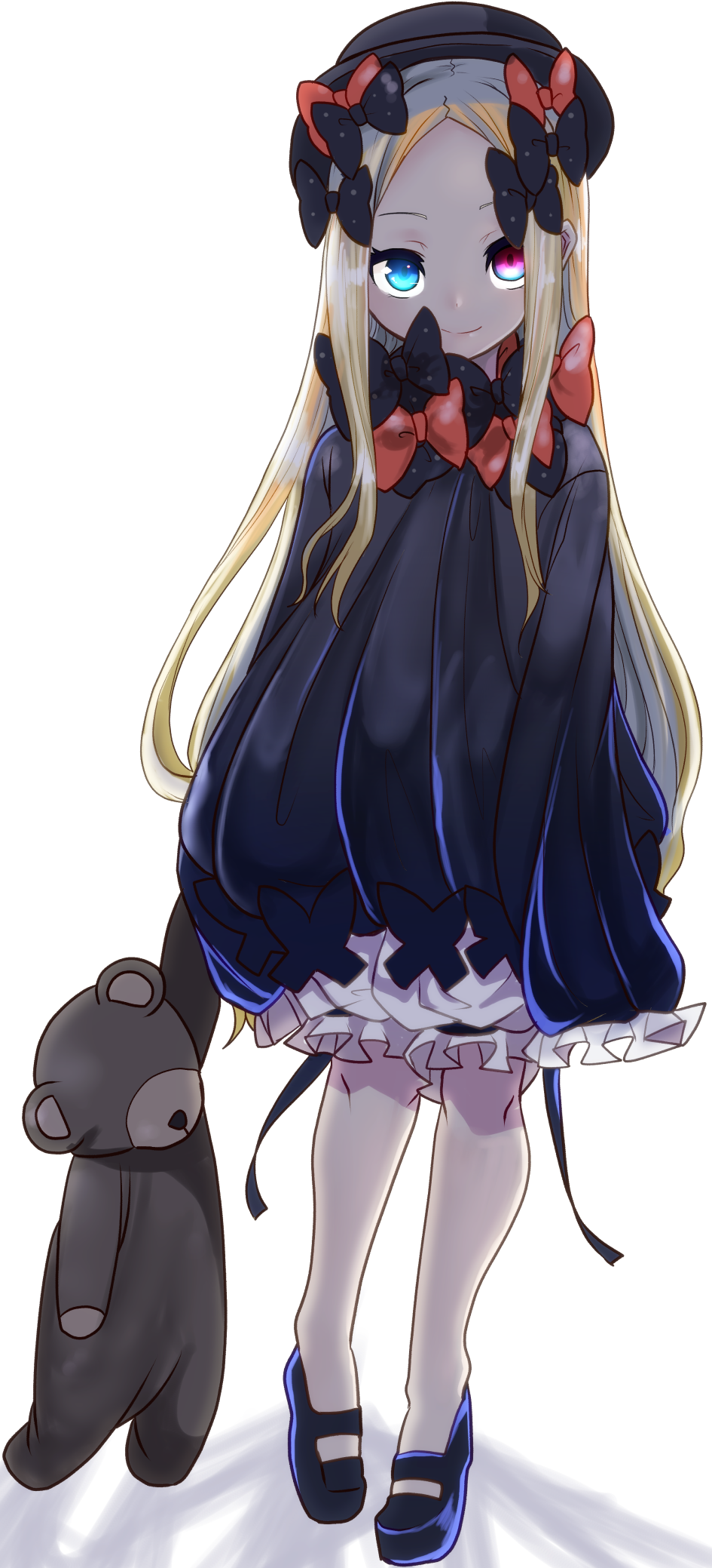 1girl abigail_williams_(fate/grand_order) bangs black_bow black_dress black_footwear black_headwear blonde_hair bloomers blue_eyes bow bug butterfly closed_mouth commentary_request dress fate/grand_order fate_(series) forehead full_body glowing glowing_eyes hair_bow hat heterochromia hiedanotsukai highres holding holding_stuffed_animal insect long_hair long_sleeves looking_at_viewer no_socks orange_bow parted_bangs polka_dot polka_dot_bow shoes sleeves_past_fingers sleeves_past_wrists smile solo standing standing_on_one_leg stuffed_animal stuffed_toy teddy_bear underwear very_long_hair violet_eyes white_background white_bloomers