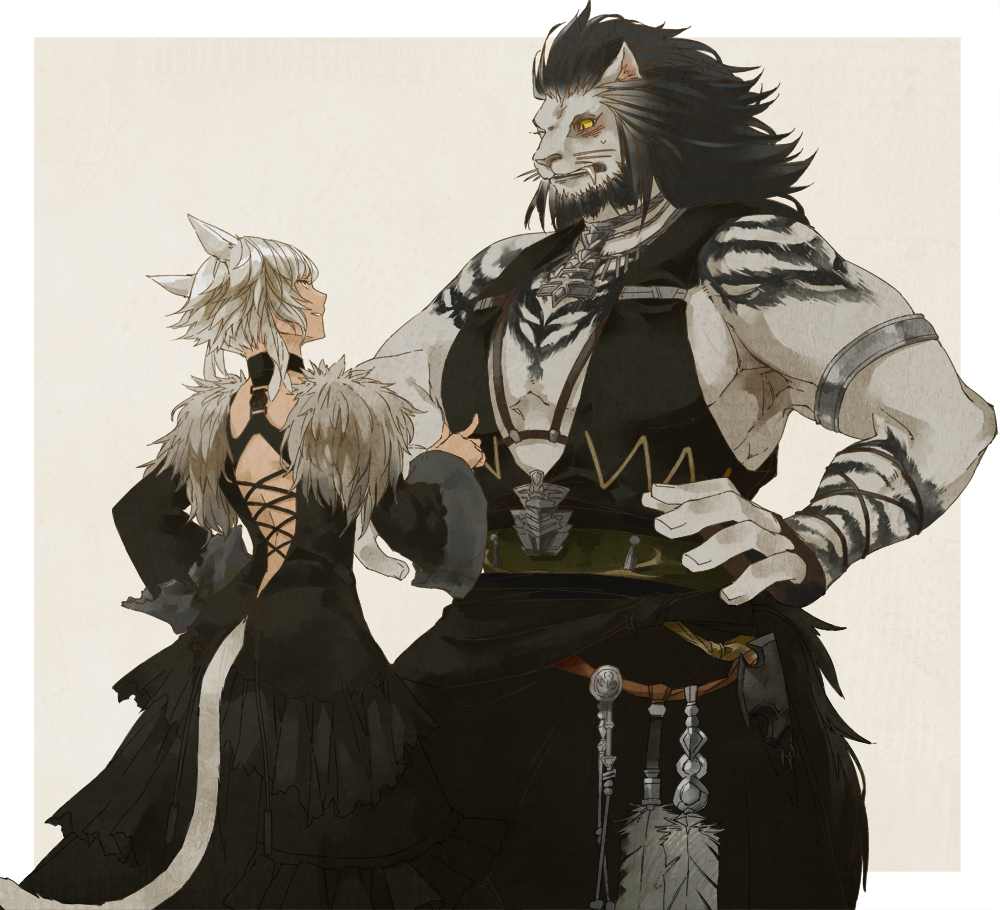 1boy 1girl animal_ears armlet bare_shoulders black_dress black_hair black_mage blind blush cat_ears cat_girl cat_tail dark_skin dress fangs feathers final_fantasy final_fantasy_xiv fur_trim furry gradient_hair grey_eyes grin hair_feathers hand_on_hip hrothgar igarashi_(skulligarashi) jewelry long_hair long_sleeves looking_at_another miqo'te multicolored_hair necklace runar short_hair slit_pupils smile tail two-tone_hair whiskers wide_sleeves y'shtola_rhul yellow_eyes