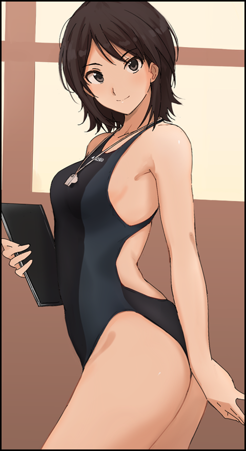 1girl amagami bangs bare_arms black_eyes black_hair breasts closed_mouth competition_school_swimsuit competition_swimsuit cowboy_shot eyebrows_visible_through_hair hair_between_eyes highleg highleg_swimsuit looking_at_viewer medium_breasts mobu notebook one-piece_swimsuit short_hair simple_background smile solo standing swimsuit takahashi_maya whistle whistle_around_neck