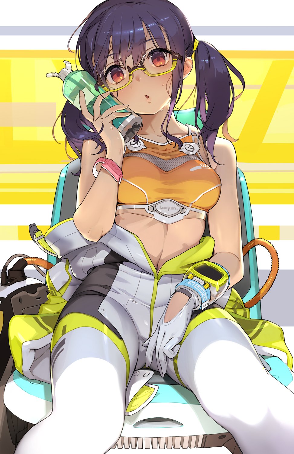 1girl ameno_techuo bare_arms bare_shoulders black_hair bodysuit bottle breasts collarbone commentary_request crop_top glasses gloves highres holding holding_bottle long_hair looking_at_viewer medium_breasts midriff navel orange_shirt original parted_lips red_eyes semi-rimless_eyewear shirt sidelocks single_glove sitting sleeveless sleeveless_shirt solo sweat twintails under-rim_eyewear watch watch white_gloves wristband