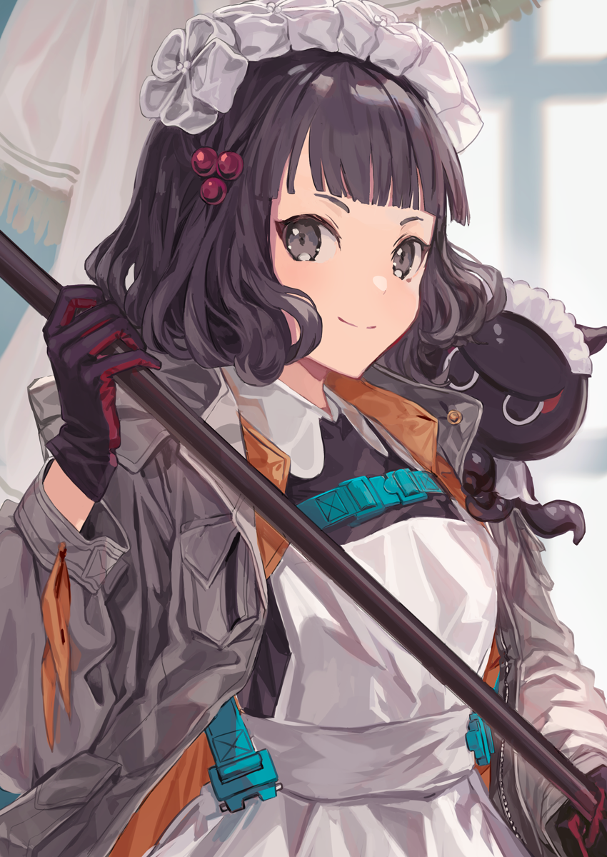 1girl alternate_costume apron bangs black_eyes black_gloves black_hair blunt_bangs closed_mouth coat commentary_request curtains enmaided fate/grand_order fate_(series) flower gloves grey_coat hair_flower hair_ornament highres holding indoors katsushika_hokusai_(fate/grand_order) long_sleeves maid maid_headdress mocha_(mokaapolka) octopus open_clothes open_coat short_hair smile tokitarou_(fate/grand_order) unzipped upper_body white_apron white_flower