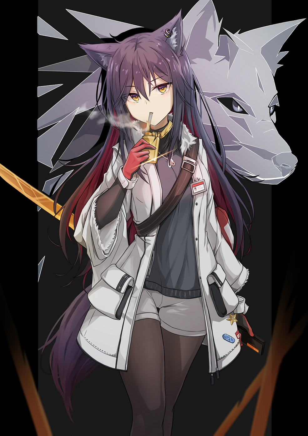 1girl animal_ears arknights badge bneoul cigarette coat earrings gloves highres jewelry lighter looking_away pantyhose purple_hair short_shorts shorts solo standing texas_(arknights) wolf yellow_eyes