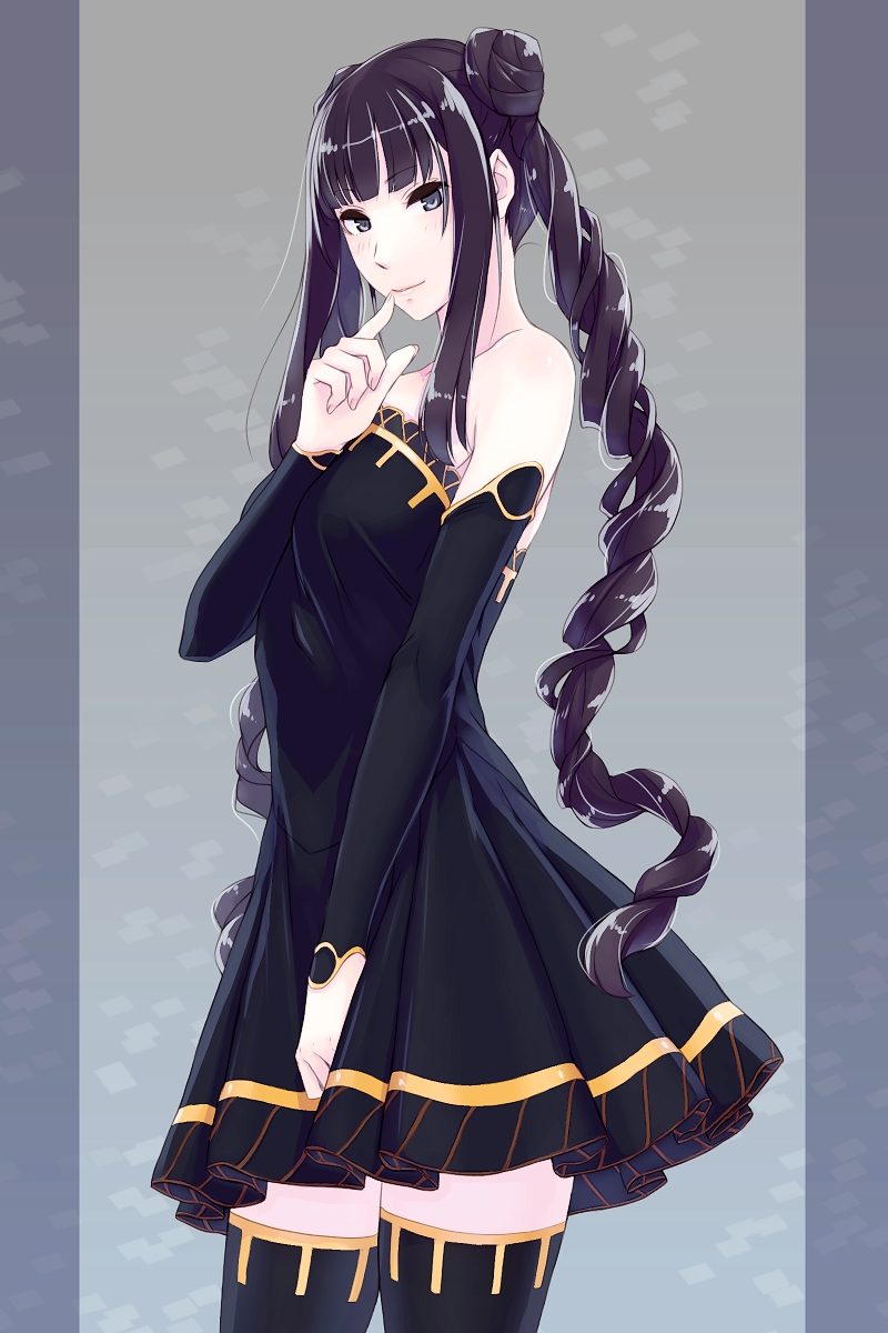 1girl bangs bare_shoulders black_dress black_eyes black_hair black_legwear blunt_bangs blush braid detached_sleeves dress finger_to_mouth highres looking_at_viewer original saba_no_misoni_(doddosi) sleeveless sleeveless_dress smile solo thigh-highs twin_braids