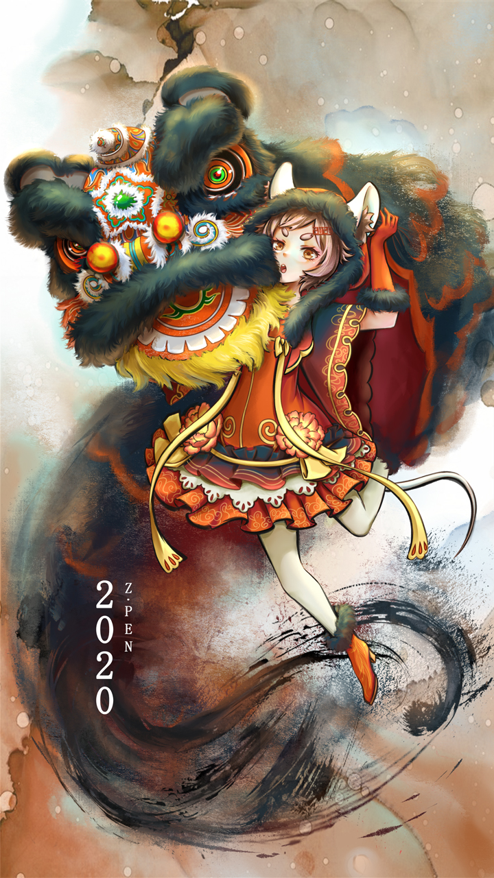 1girl 2020 animal_ears artist_name brown_eyes brown_hair commentary_request dress fake_animal_ears flower fur_trim gloves hair_ornament hairclip hand_up happy_new_year high_heels highres leg_up lion_dance looking_at_viewer nengajou new_year open_mouth original red_dress red_footwear red_gloves short_hair solo white_legwear zpen1026