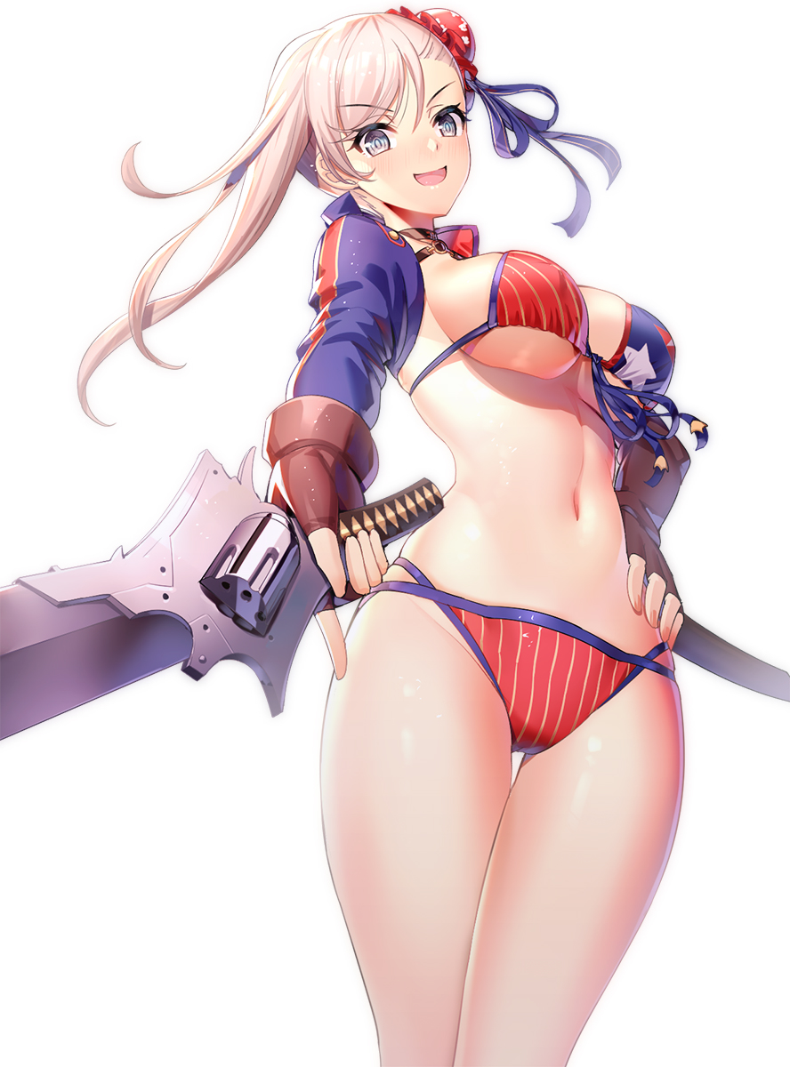 1girl :d bikini breasts brown_gloves bun_cover choker fate/grand_order fate_(series) fingerless_gloves front-tie_bikini front-tie_top gloves grey_eyes hair_bun hand_on_hip highres holding holding_sword holding_weapon large_breasts long_hair long_sleeves looking_at_viewer miyamoto_musashi_(swimsuit_berserker)_(fate) navel open_mouth ririko_(zhuoyandesailaer) shrug_(clothing) sidelocks simple_background smile solo standing star stomach swimsuit sword thigh_gap thighs v-shaped_eyebrows weapon white_background white_hair