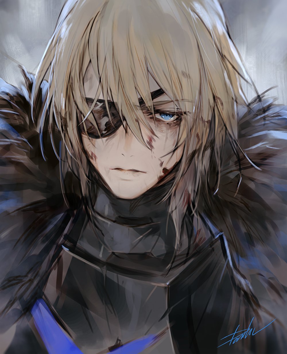 1boy armor blonde_hair blue_eyes cape danhu dimitri_alexandre_bladud eyepatch fire_emblem fire_emblem:_three_houses fur_trim gloves hair_ornament highres long_hair looking_at_viewer male_focus short_hair simple_background