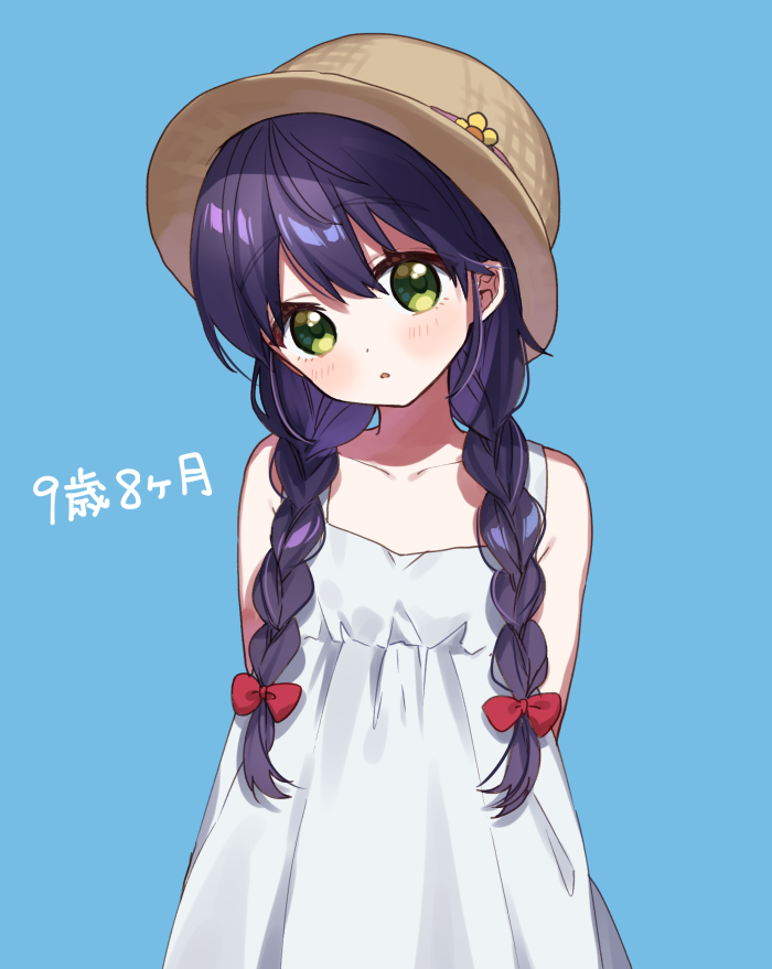 1girl :o arms_behind_back bangs bare_shoulders blue_background blush bow braid brown_headwear commentary dated dress eyebrows_visible_through_hair genderswap genderswap_(mtf) green_eyes hair_between_eyes hair_bow hair_over_shoulder hat head_tilt kenmochi_touya long_hair low_twintails nijisanji parted_lips purple_hair red_bow simple_background sleeveless sleeveless_dress solo sundress twin_braids twintails virtual_youtuber white_dress yamabukiiro younger