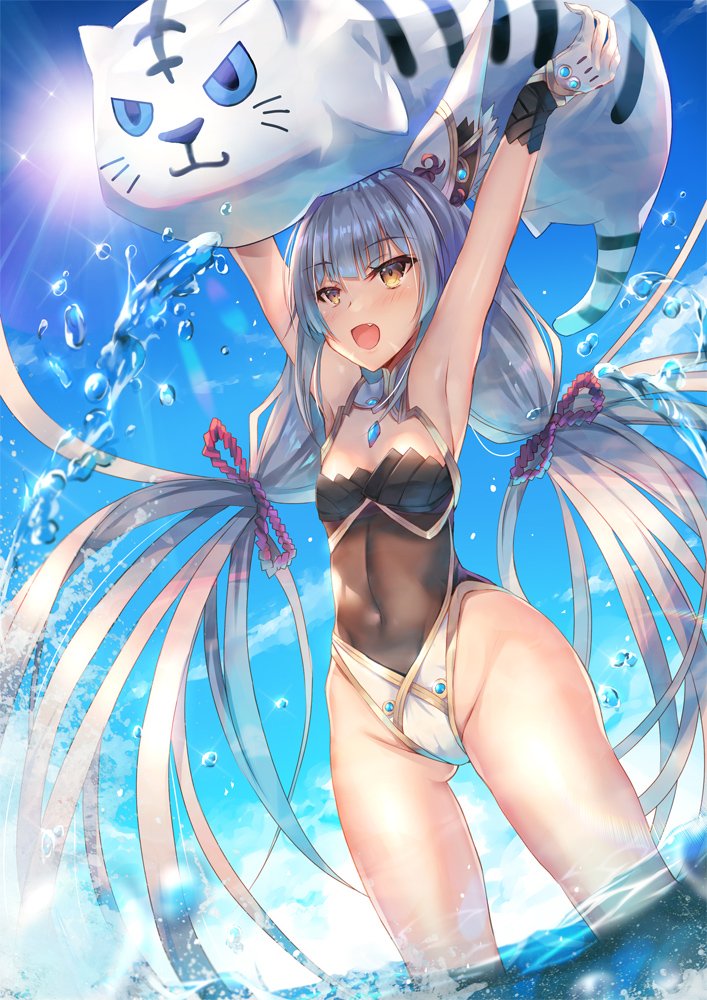 1girl animal_ears bangs blush byakko_(xenoblade) cat_ears gloves highleg highleg_leotard hinot leotard long_hair looking_at_viewer low_twintails niyah niyah_(blade) open_mouth silver_hair simple_background smile solo spoilers swimsuit twintails very_long_hair water white_gloves xenoblade_(series) xenoblade_2 yellow_eyes