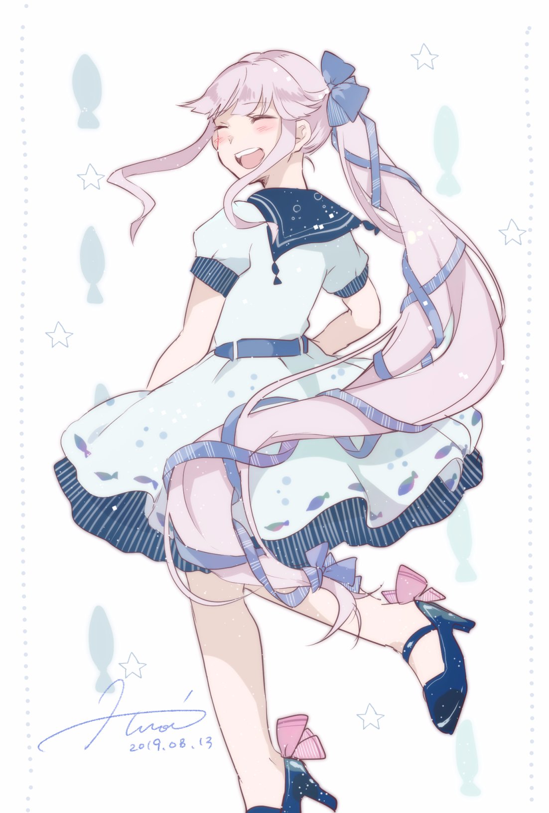 1girl black_ribbon blue_footwear dated dress facing_viewer from_behind hair_flaps hair_ribbon high_heels highres hiroi09 kantai_collection long_hair looking_back open_mouth pink_hair ponytail ribbon sailor_dress signature smile solo upper_teeth very_long_hair white_background white_dress yura_(kantai_collection)