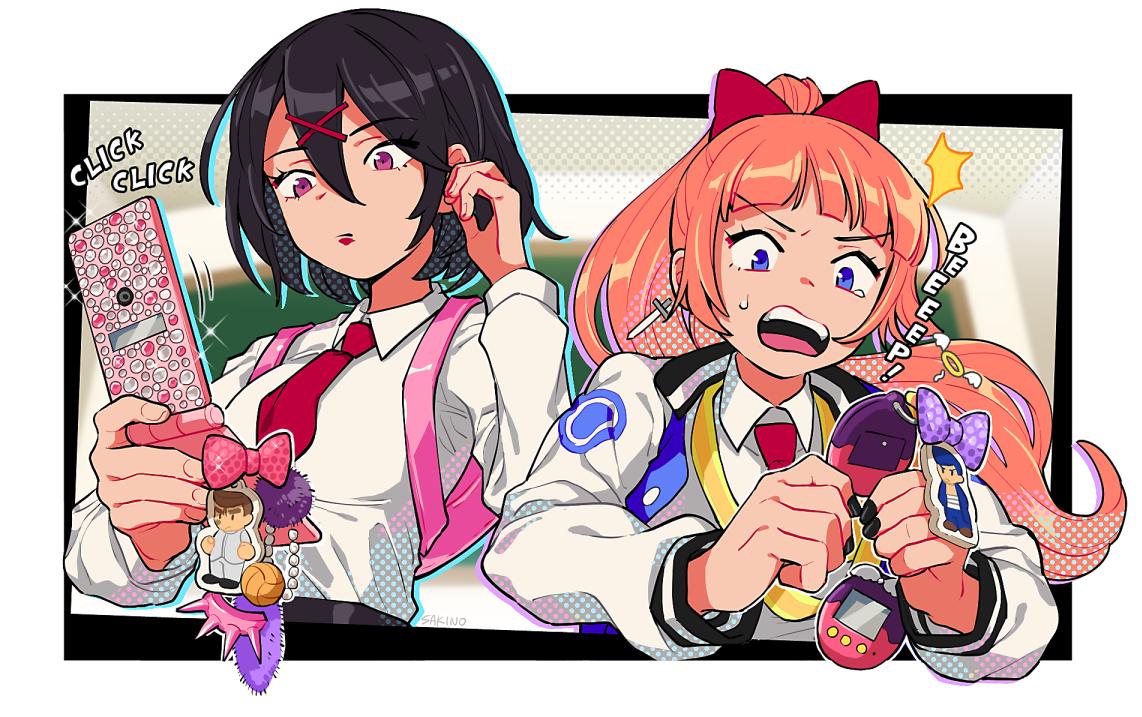 2girls black_hair bow cellphone cellphone_charm english_text flip_phone gem hair_bow hair_ornament hairclip jacket kunio-kun kunio-kun_series kyoko_(kunio-kun) letterman_jacket misako_(kunio-kun) multiple_girls necktie orange_hair phone red_bow red_neckwear riki_(kunio-kun) river_city_girls sakino_(sanodon) tamagotchi tamagotchi_(toy)