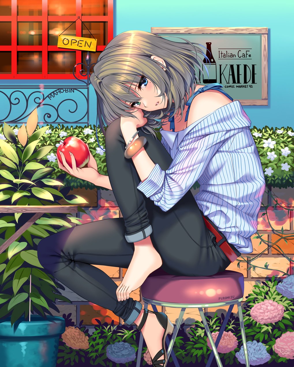 1girl apple bangs bare_shoulders barefoot belt black_footwear black_pants blue_eyes bra bracelet brown_hair collarbone day denim eyebrows_visible_through_hair flower food fruit green_eyes heterochromia highres holding holding_food idolmaster idolmaster_cinderella_girls jeans jewelry leg_lift legs looking_at_viewer mole mole_under_eye no_socks open_mouth outdoors pants pants_rolled_up parted_lips piromizu plant sandals shirt shoes single_shoe sitting sleeves_rolled_up solo striped striped_shirt takagaki_kaede toenails toes underwear wall white_shirt