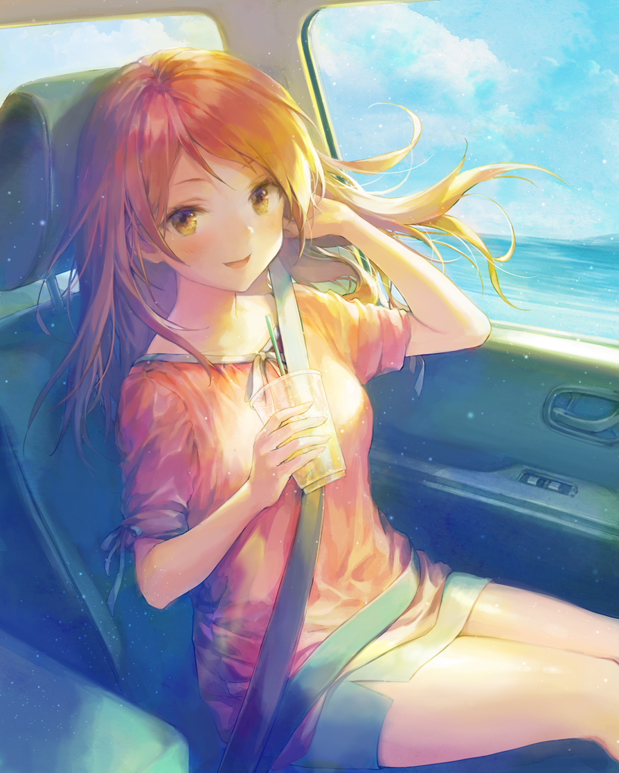 1girl 888myrrh888 :d bangs blue_skirt blue_sky brown_eyes brown_hair brown_shirt car_interior clouds cloudy_sky collarbone commentary_request cup day disposable_cup drinking_straw eyebrows_visible_through_hair hand_in_hair hand_up holding holding_cup horizon houjou_karen idolmaster idolmaster_cinderella_girls long_hair ocean open_mouth shirt short_sleeves skirt sky smile solo water