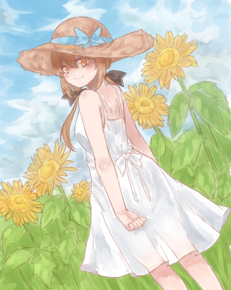 1girl alternate_costume az_toride blue_ribbon clouds cloudy_sky dress flower hair_ornament hairclip hat kantai_collection looking_at_viewer looking_back ribbon sky solo star straw_hat sunflower tashkent_(kantai_collection) white_dress