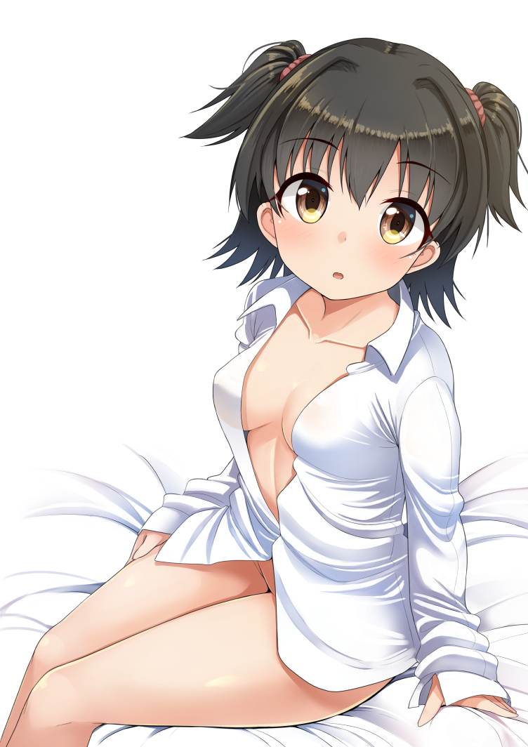 1girl akagi_miria bed_sheet black_hair breasts brown_eyes collarbone commentary_request gaichi idolmaster idolmaster_cinderella_girls long_sleeves looking_at_viewer medium_breasts naked_shirt open_clothes open_shirt shirt short_hair sitting solo thighs two_side_up white_background white_hair