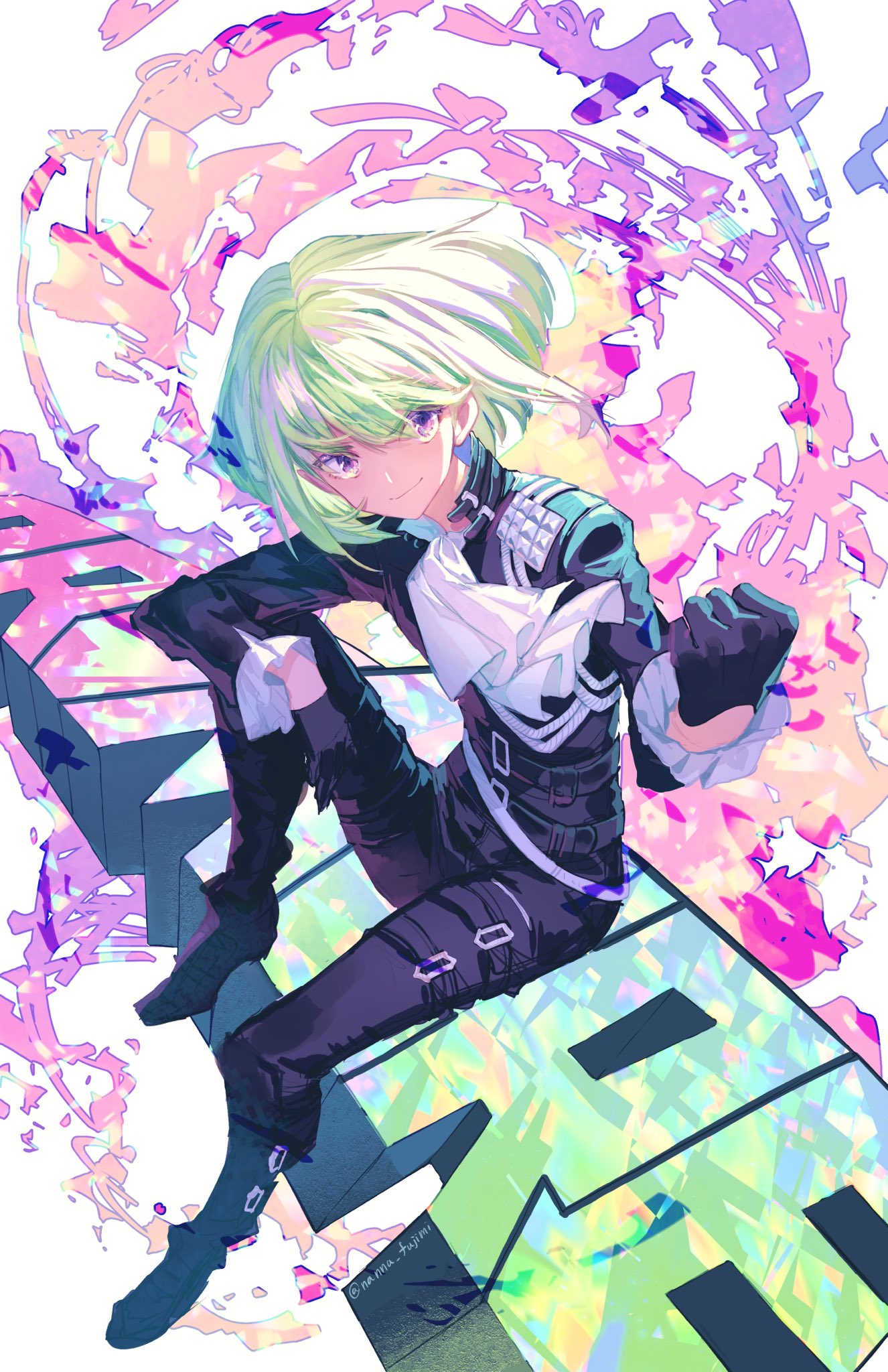 1boy 778-go belt biker_clothes black_gloves black_jacket clenched_hand closed_mouth copyright_name cravat fire gloves green_hair half_gloves hand_up highres jacket leg_up lio_fotia male_focus multiple_belts promare sitting smile violet_eyes