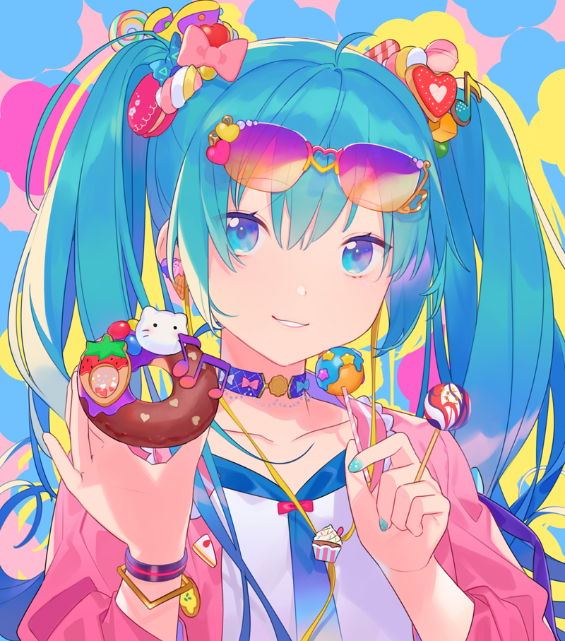 1girl aqua_eyes aqua_hair aqua_nails beads beamed_eighth_notes bow candy candy_hair_ornament cat collar collarbone cube cupcake doughnut eighth_note food food_themed_hair_ornament fruit hair_ornament hatsune_miku heart heart_hair_ornament heiwa_(murasiho) holding holding_food holding_lollipop jacket lollipop long_hair looking_at_viewer macaron macaron_hair_ornament musical_note musical_note_hair_ornament nail_polish necktie parted_lips pink_jacket smile solo strawberry swirl_lollipop twintails upper_body very_long_hair vocaloid wrist_cuffs