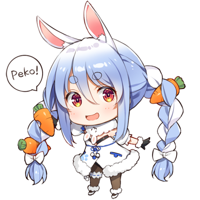 1girl animal_ear_fluff animal_ears bangs black_gloves black_legwear blue_hair bow bowtie braid bunny_girl carrot carrot_hair_ornament catchphrase chibi extra_ears eyebrows eyebrows_visible_through_hair food_themed_hair_ornament full_body gloves hair_ornament hololive leg_garter long_braid long_hair lowres multicolored_hair open_mouth pantyhose rabbit_ears scar smile solo speech_bubble standing symbol-shaped_pupils twin_braids two-tone_hair usada_pekora virtual_youtuber white_background white_footwear white_hair yuuki_hagure