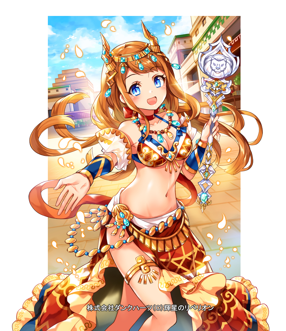 1girl bangs bikini_top blue_eyes blue_sky bracer breasts building choker eyebrows_visible_through_hair headdress holding holding_wand hoshi_no_rebellion long_hair looking_at_viewer medium_breasts navel official_art open_mouth outstretched_arm redhead ririkuto sky swept_bangs thighlet wand