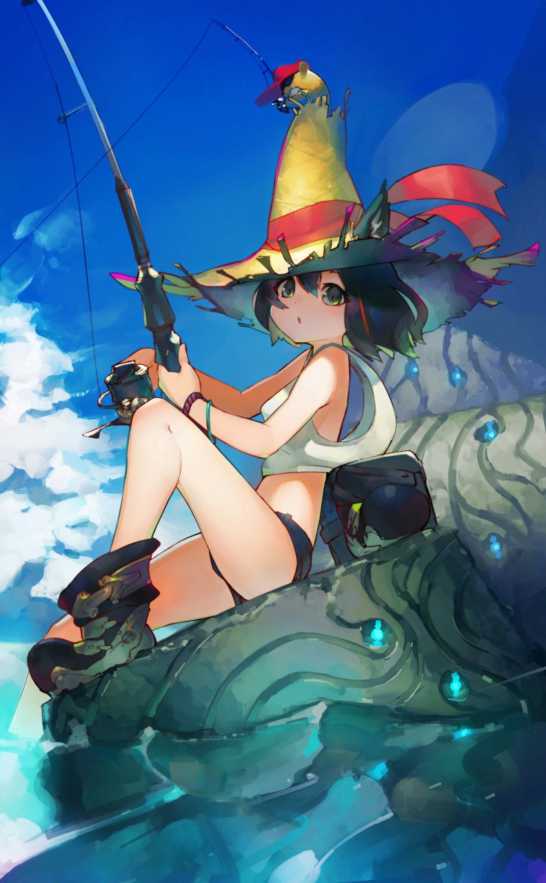 1girl animal_ears ass bag bangle bare_shoulders black_hair blue_sky boots bracelet clouds creature crop_top denim denim_shorts ears_through_headwear fishing_rod fox_ears green_eyes green_hair hat hat_ribbon highres holding jewelry knee_up looking_at_viewer looking_to_the_side loose_clothes loose_shirt micro_shorts midriff multicolored_hair original parted_lips ribbon shirt short_hair shorts sitting sky sleeveless sleeveless_shirt solo straw_hat thighs two-tone_hair water white_shirt yogurtbomb9