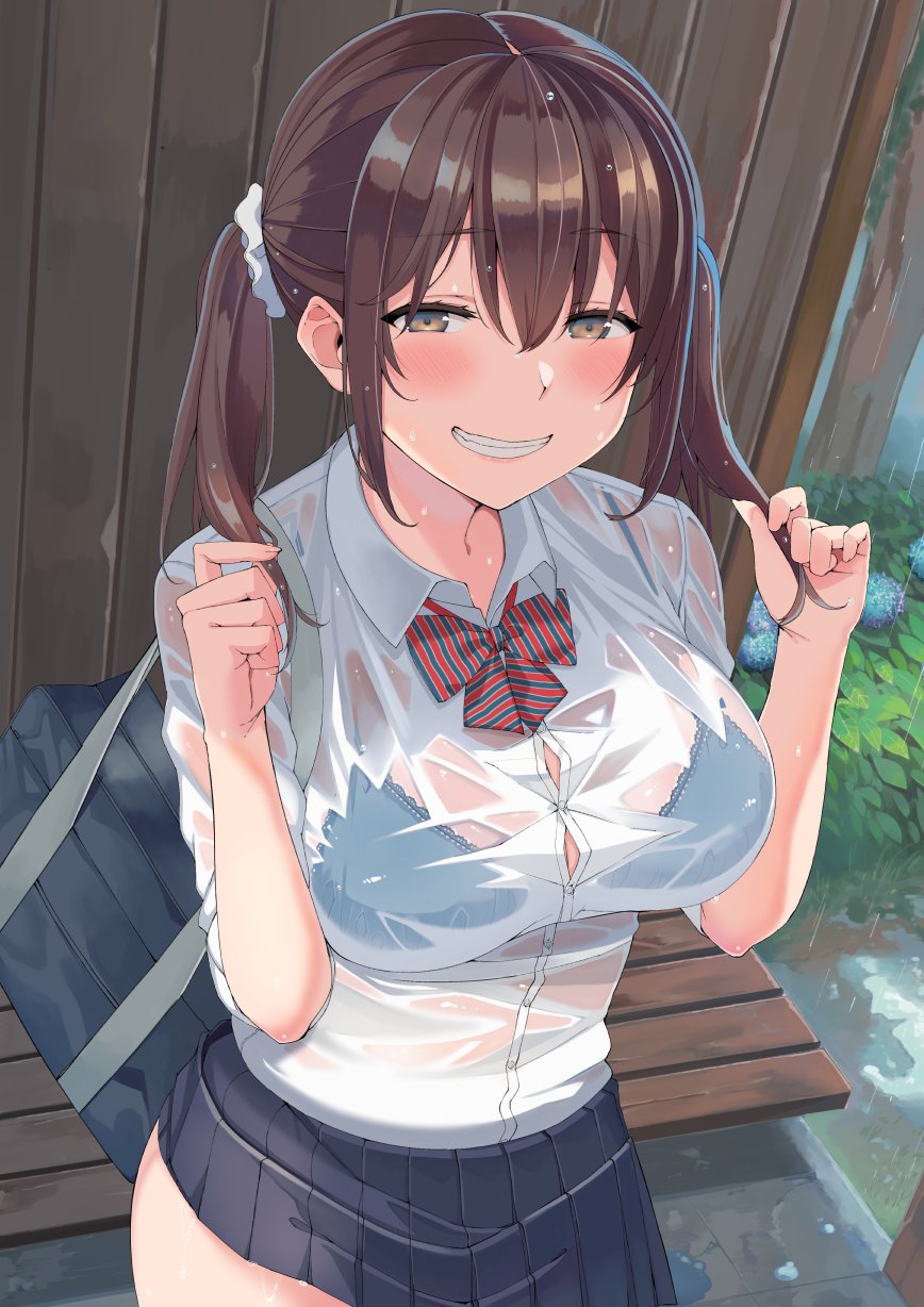 1girl :d bag bench blue_bra bow bowtie bra breasts brown_eyes brown_hair button_gap buttons collared_shirt hair_ornament hair_scrunchie half-closed_eyes highres large_breasts looking_at_viewer naughty_face nuko_(mikupantu) open_mouth original outdoors pleated_skirt rain school_uniform scrunchie see-through serafuku shirt skirt sleeves_rolled_up smile solo teeth twintails underwear wet wet_clothes wet_shirt