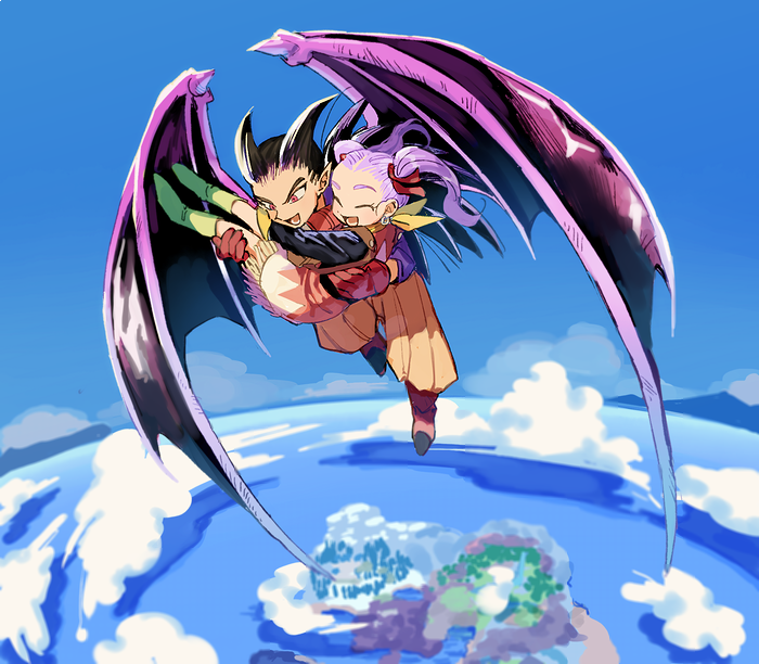 1boy 1girl :d black_hair boots carrying closed_eyes clouds dragon_quest dragon_quest_builders_2 dress female_builder_(dqb2) flying gloves green_footwear happy island knee_boots long_hair open_mouth orange_pants pointy_ears ponytail princess_carry purple_hair red_dress red_eyes red_footwear red_gloves shoes sidoh_(dqb2) sky smile spiky_hair twintails wings yunion_(sibujya)