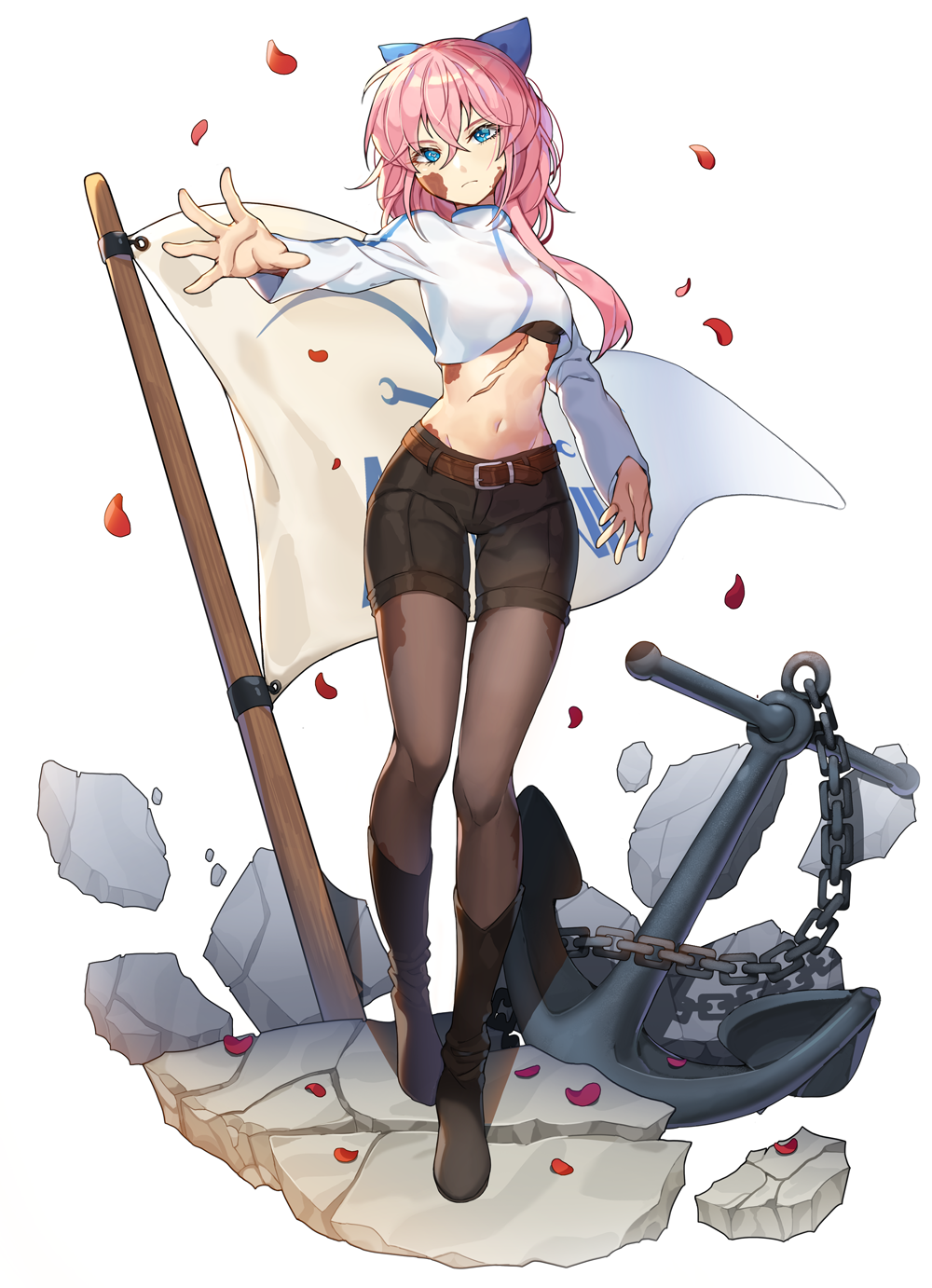 1girl anchor belt black_footwear black_shorts blue_bow boots bow burn_scar chain flag frown full_body highres long_hair long_sleeves midriff navel original outstretched_hand pantyhose pink_hair risem scar shirt shorts simple_background standing white_background white_shirt