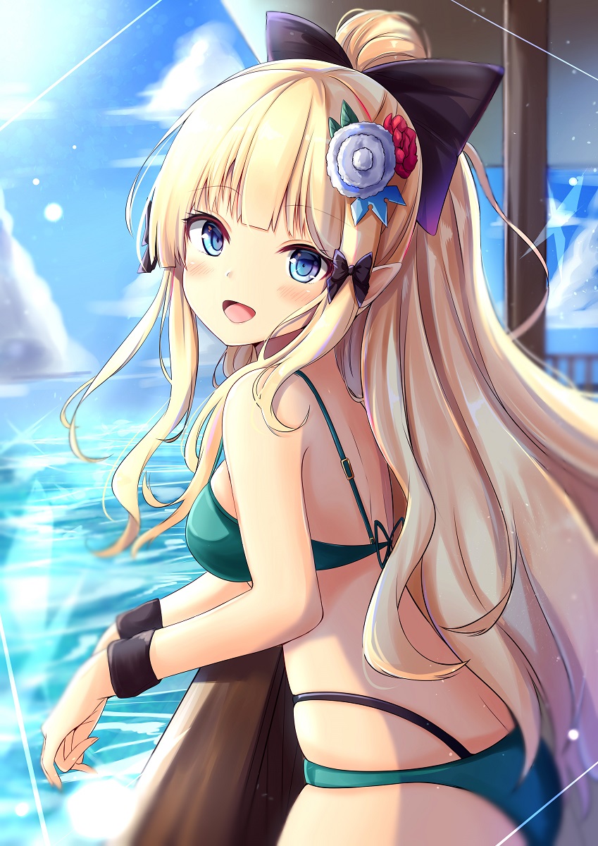 1girl :d bangs bikini black_bow blonde_hair blue_eyes blue_sky blush bow breasts clouds cowboy_shot day elf eyebrows_visible_through_hair green_bikini hair_bow hair_ornament highleg highleg_bikini highres large_breasts long_hair looking_at_viewer open_mouth pointy_ears ponytail princess_connect! princess_connect!_re:dive renka_(cloudsaikou) sasaki_saren skindentation sky smile solo sunlight swimsuit wristband