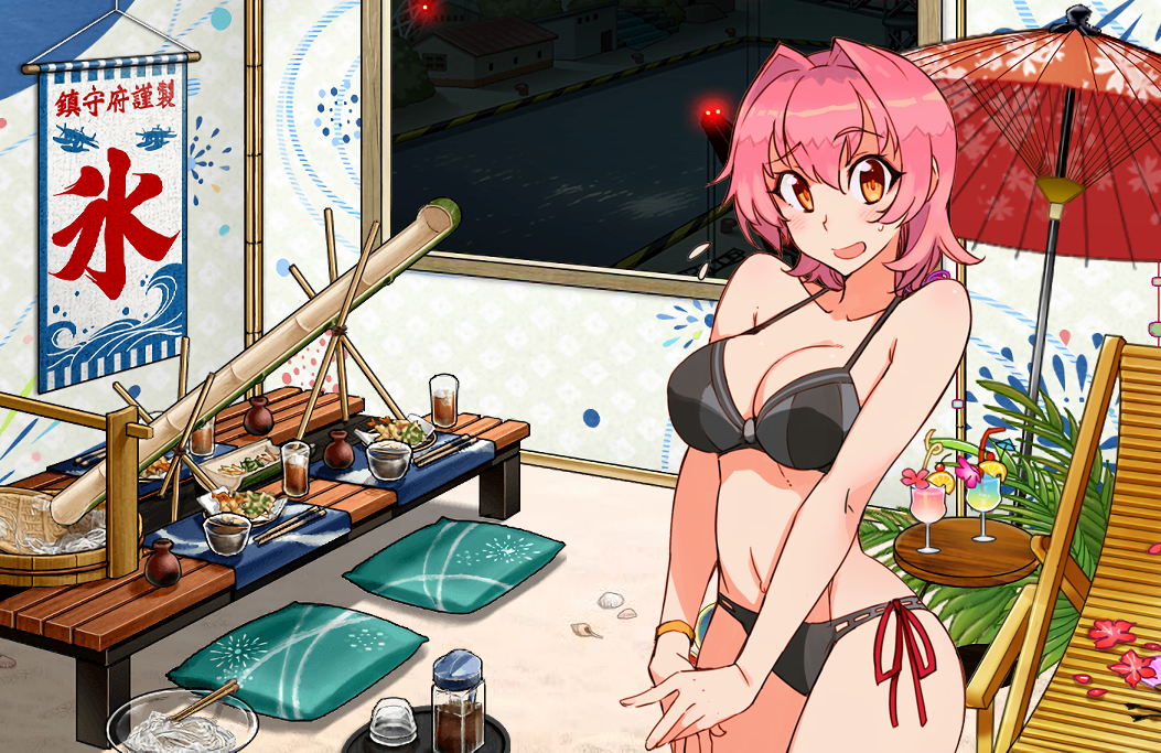 1girl bare_shoulders bikini black_bikini blush_stickers breasts collarbone eyebrows_visible_through_hair food hair_intakes kantai_collection kinu_(kantai_collection) kusanagi_tonbo midriff navel orange_eyes pink_hair scroll side-tie_bikini solo swimsuit umbrella window