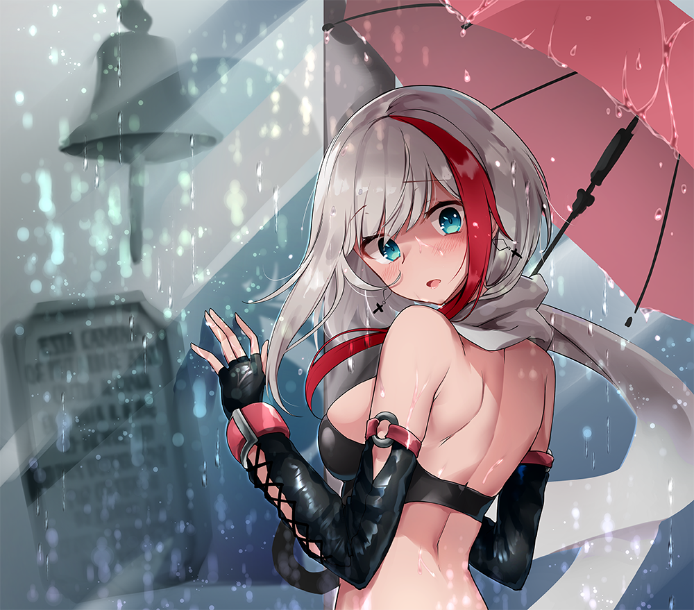 1girl :o admiral_graf_spee_(azur_lane) azur_lane back bandeau bare_shoulders black_gloves blue_eyes blurry bokeh breasts depth_of_field earrings elbow_gloves fingerless_gloves gloves hand_up holding holding_umbrella jewelry looking_at_viewer looking_back medium_breasts midriff multicolored_hair oshishio parted_lips rain redhead scarf short_hair shoulder_blades solo streaked_hair umbrella upper_body water wet