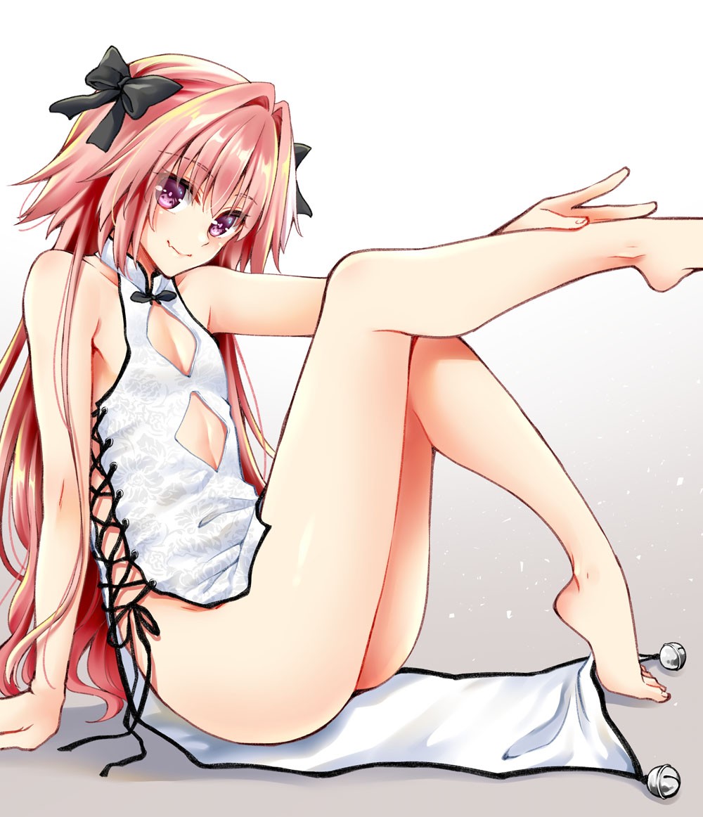 1boy alternate_hairstyle androgynous asazuki_norito astolfo_(fate) bare_shoulders barefoot bell black_bow black_ribbon bow china_dress chinese_clothes commentary_request dress eyebrows_visible_through_hair fang fate/apocrypha fate/grand_order fate_(series) hair_between_eyes hair_intakes hair_ribbon long_hair looking_at_viewer male_focus multicolored_hair no_panties otoko_no_ko pink_hair ribbon sitting skin_fang smile solo streaked_hair violet_eyes