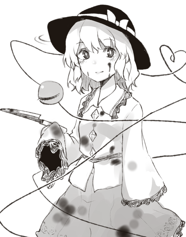 1girl bangs blood blood_on_face bloody_clothes bow commentary_request cowboy_shot eyebrows_visible_through_hair floral_print frilled_shirt_collar frilled_sleeves frills greyscale hat hat_bow heart heart_of_string holding holding_knife holding_weapon knife komeiji_koishi long_sleeves looking_at_viewer miyo_(ranthath) monochrome shirt short_hair simple_background skirt sleeves_past_fingers sleeves_past_wrists smile solo standing third_eye touhou weapon white_background wide_sleeves