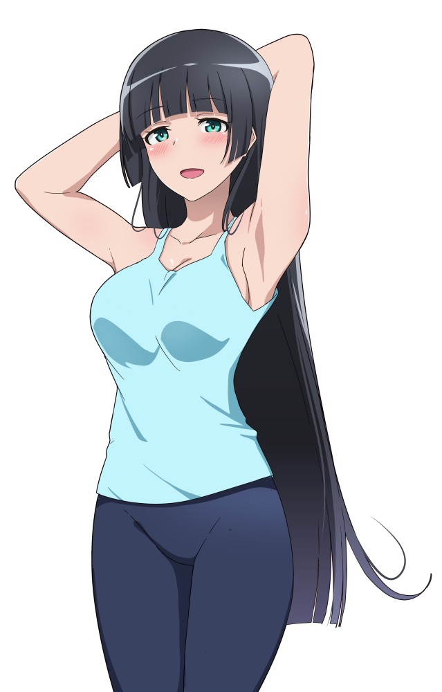 1girl armpits arms_behind_head bangs black_hair black_legwear blue_eyes blue_shirt blunt_bangs blush breasts danberu_nan_kiro_moteru? eyebrows_visible_through_hair hime_cut leggings long_hair looking_at_viewer medium_breasts no_bra open_mouth rizuta shirt smile solo souryuuin_akemi tank_top very_long_hair white_background