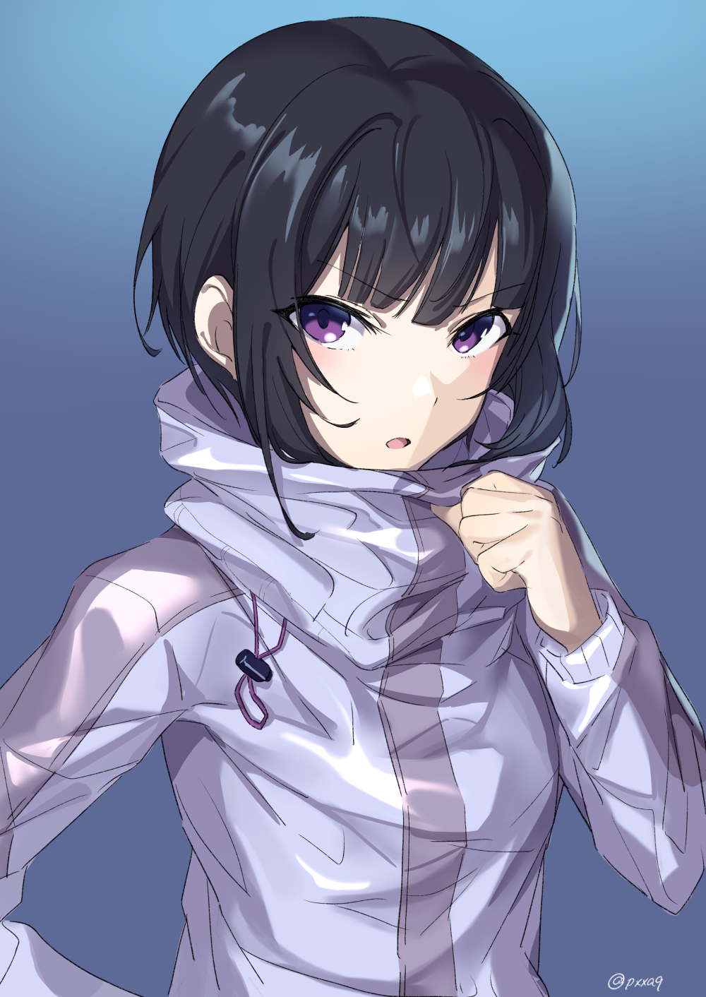 1girl bangs black_hair blue_background commentary_request curcumin drawstring eyebrows_visible_through_hair hand_up high_collar highres idolmaster idolmaster_cinderella_girls jacket long_sleeves looking_at_viewer parted_lips purple_jacket shirayuki_chiyo sidelocks simple_background solo twitter_username upper_body v-shaped_eyebrows violet_eyes