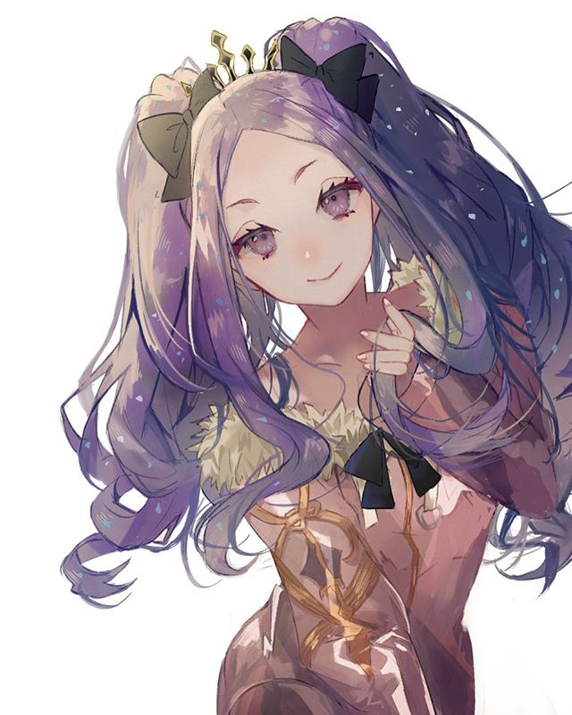 1girl bangs black_bow blush bow breasts closed_mouth cosplay fate/grand_order fate_(series) forehead fur-trimmed_jacket fur_trim hair_bow hinogiri ishtar_(fate/grand_order) ishtar_(swimsuit_rider)_(fate) ishtar_(swimsuit_rider)_(fate)_(cosplay) jacket long_hair long_sleeves looking_at_viewer parted_bangs pink_jacket purple_hair simple_background small_breasts smile solo tiara twintails violet_eyes white_background wu_zetian_(fate/grand_order)