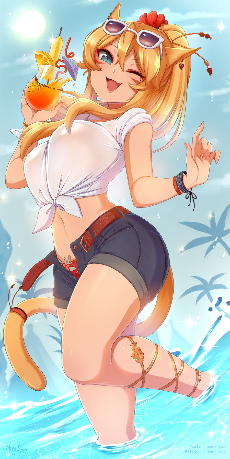 1girl animal_ears belt blonde_hair brown_belt cat_ears cat_tail commentary day drink english_commentary eyewear_on_head final_fantasy final_fantasy_xiv food fruit green_eyes hair_between_eyes hair_ornament highres long_hair looking_at_viewer merunyaa miqo'te navel open_fly open_mouth outdoors palm_tree ponytail shirt short_shorts shorts sidelocks slit_pupils solo standing sunglasses tail tree water white_shirt