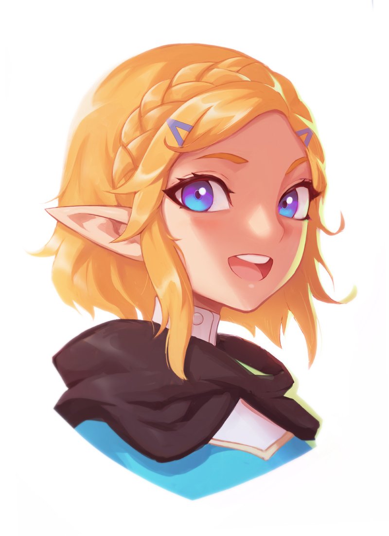 1girl :d bangs blonde_hair blue_eyes blush braid crown_braid forehead hair_ornament hairclip liyart looking_at_viewer open_mouth parted_bangs portrait princess_zelda round_teeth short_hair sidelocks simple_background smile solo teeth the_legend_of_zelda the_legend_of_zelda:_breath_of_the_wild the_legend_of_zelda:_breath_of_the_wild_2 upper_body white_background