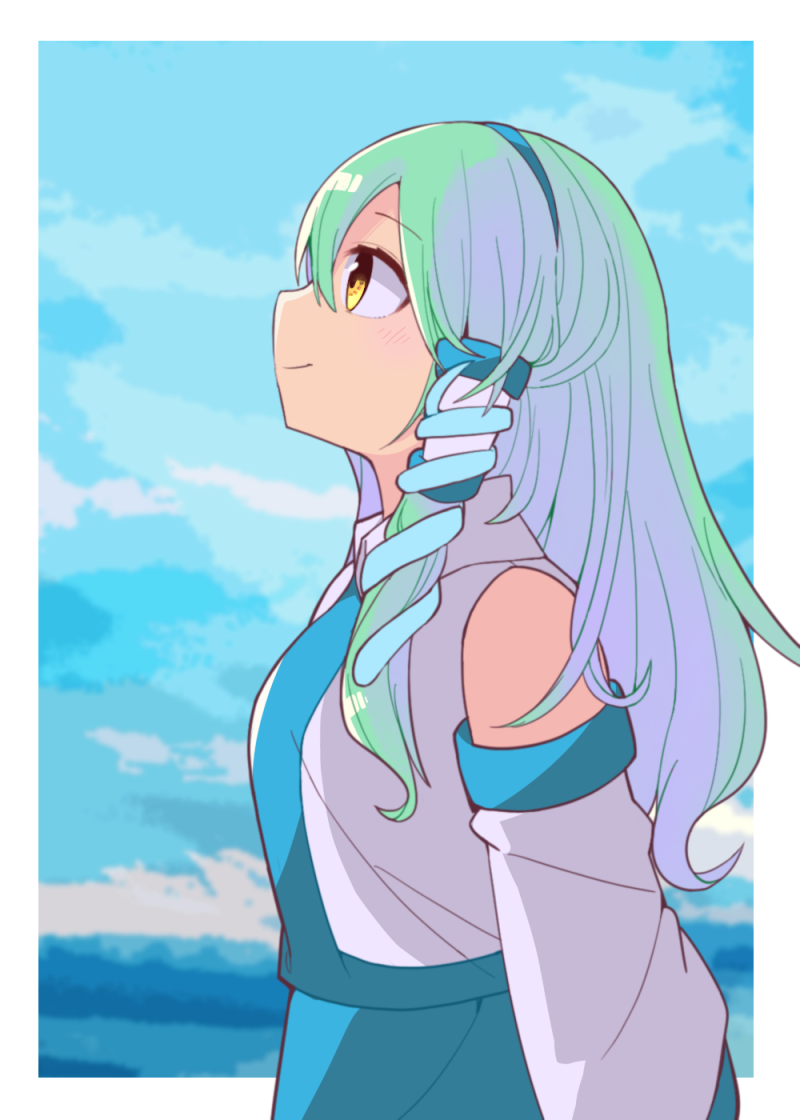 1girl bangs blue_skirt blue_sky blush brown_eyes closed_mouth clouds cloudy_sky collared_shirt commentary_request day detached_sleeves eyebrows_visible_through_hair green_hair hair_between_eyes hair_ornament hair_tubes kochiya_sanae long_hair long_sleeves looking_away profile shirt skirt sky smile snake_hair_ornament solo touhou very_long_hair white_shirt white_sleeves yamase