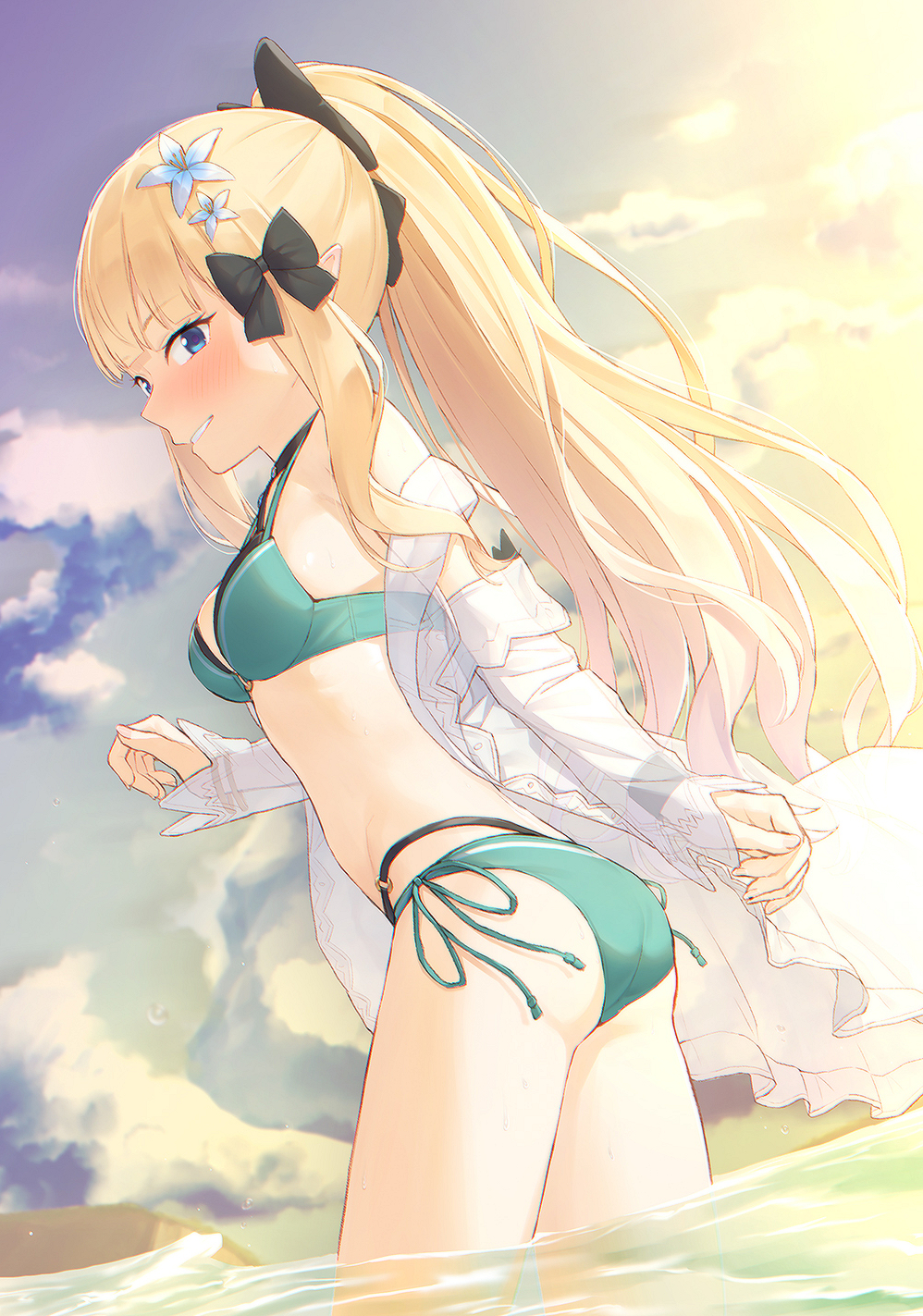 1girl bangs bare_shoulders bikini bikini_under_clothes black_bow blonde_hair blue_eyes blue_flower blue_sky blush bow breasts clouds cloudy_sky commentary_request detached_sleeves eyebrows_visible_through_hair fingernails flower green_bikini hair_bow hair_flower hair_ornament highres long_hair long_sleeves medium_breasts mikazuchi_zeus off_shoulder outdoors parted_lips ponytail princess_connect! princess_connect!_re:dive sasaki_saren see-through see-through_sleeves side-tie_bikini sidelocks sky sleeves_past_wrists solo standing sunset swimsuit very_long_hair wading water