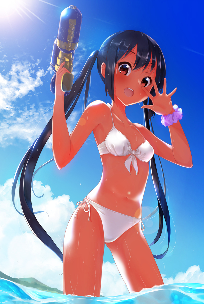 1girl bikini black_hair blue_sky breasts brown_eyes clouds commentary_request contrapposto cowboy_shot day highres k-on! long_hair looking_at_viewer masamuuu nakano_azusa outdoors pink_scrunchie scrunchie side-tie_bikini sky small_breasts solo standing sun swimsuit twintails water_gun white_bikini wrist_scrunchie