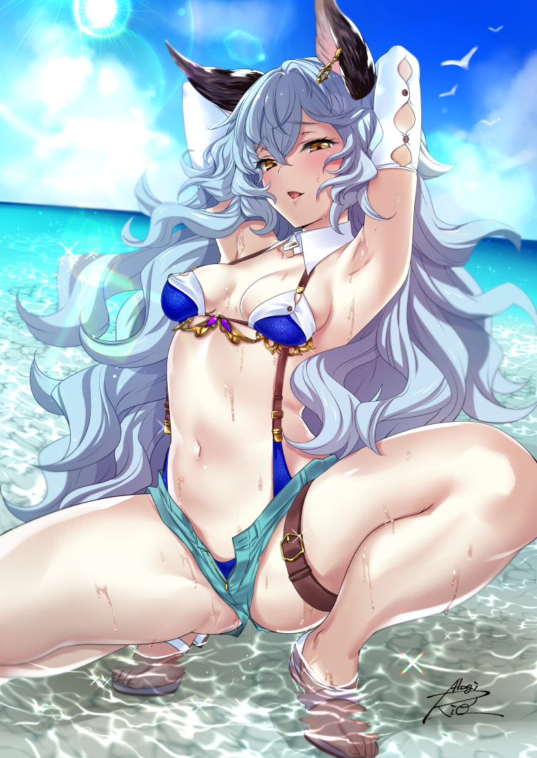 1girl animal_ears aqua_shorts arms_behind_head bangs beach bird blue_hair blue_sky blue_swimsuit blush breasts clouds day earrings erune eyebrows_visible_through_hair ferry_(granblue_fantasy) frown granblue_fantasy groin hoop_earrings jewelry long_hair looking_at_viewer messy_hair navel ocean open_fly open_mouth outdoors revealing_clothes rioakagi short_shorts shorts sidelocks signature single_earring sky small_breasts solo squatting stomach sunlight swimsuit thighs wading wavy_hair wet yellow_eyes