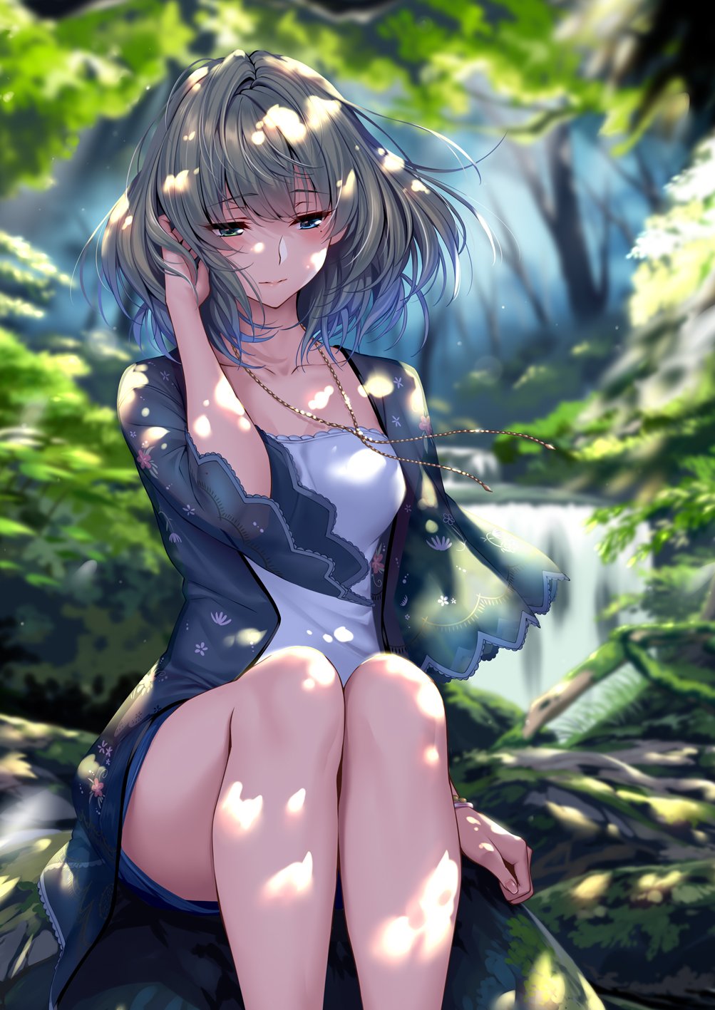 1girl apple bangs bare_shoulders barefoot belt black_footwear black_pants blue_eyes bra bracelet brown_hair collarbone day denim eyebrows_visible_through_hair flower food fruit green_eyes heterochromia highres holding holding_food idolmaster idolmaster_cinderella_girls jeans jewelry leg_lift legs looking_at_viewer mole mole_under_eye no_socks open_mouth outdoors pants pants_rolled_up parted_lips piromizu plant sandals shirt shoes single_shoe sitting sleeves_rolled_up solo striped striped_shirt takagaki_kaede toenails toes underwear wall white_shirt