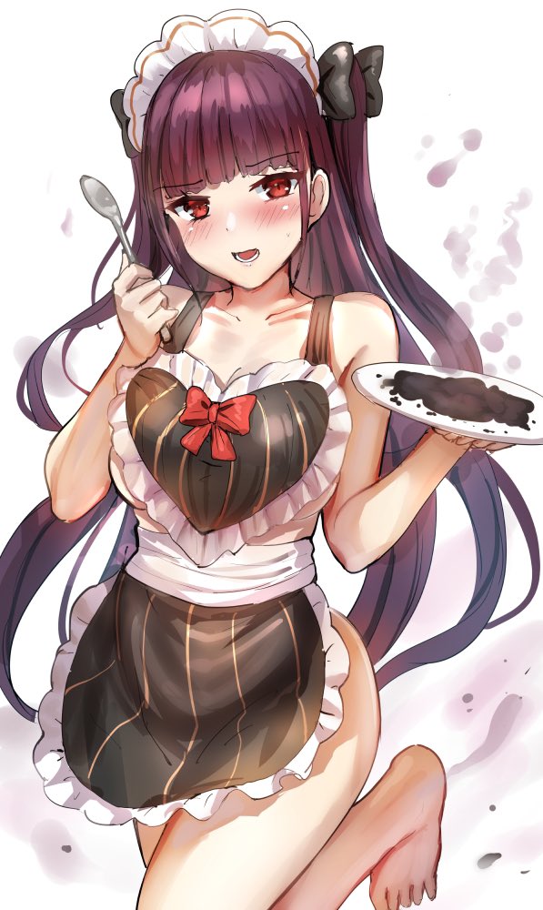 1girl :d apron bangs bare_shoulders black_bow blush bow breasts burnt_food collarbone cowboy_shot eyebrows_visible_through_hair girls_frontline hair_bow headdress heart holding holding_spoon holding_tray large_breasts leg_up long_hair looking_at_viewer naked_apron open_mouth purple_hair qian_wu_atai red_eyes sidelocks smile smoke solo spoon sweatdrop tray very_long_hair wa2000_(girls_frontline)